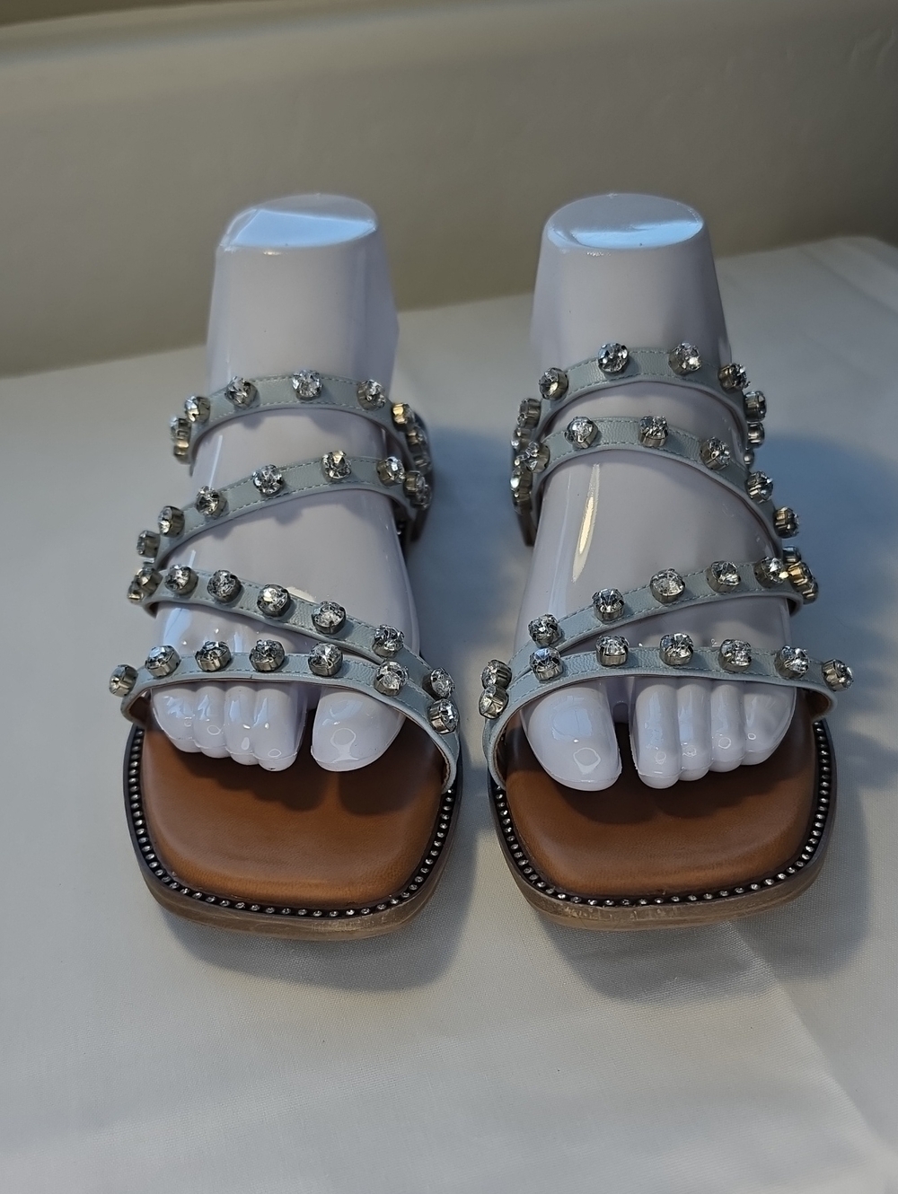 Women's Strappy Rhinestone Sandals Gray Blue Leather Mexico Size 25.5= US 8-8.5